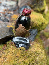 Load image into Gallery viewer, Top-down view of Welsh Green dragon egg showing bronze scales peeling back from crown