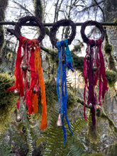 Load image into Gallery viewer, Witch’s Bells – Handcrafted Protection Chimes with Sari Silk &amp; Bells
