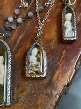Load image into Gallery viewer, Embossed Terrarium Pendant with Frozen Charlotte, Moss &amp; Ferns
