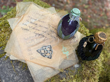 Load image into Gallery viewer, Hebridean Black and Norwegian Ridgeback dragon eggs displayed together on handwritten lore sheets on mossy boulder
