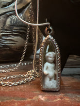Load image into Gallery viewer, Embossed Terrarium Pendant with Frozen Charlotte, Moss &amp; Ferns
