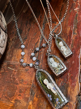 Load image into Gallery viewer, Embossed Terrarium Pendant with Frozen Charlotte, Moss &amp; Ferns
