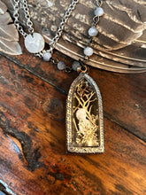 Load image into Gallery viewer, Embossed Terrarium Pendant with Frozen Charlotte, Moss &amp; Ferns
