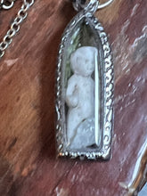 Load image into Gallery viewer, Embossed Terrarium Pendant with Frozen Charlotte, Moss &amp; Ferns
