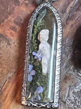 Load image into Gallery viewer, Embossed Terrarium Pendant with Frozen Charlotte, Moss &amp; Ferns
